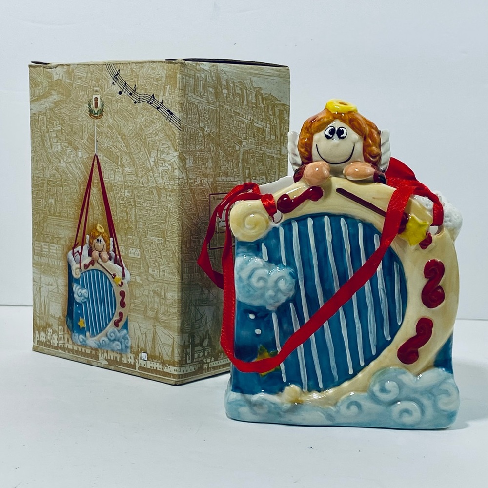 Holiday Ceramic Rectangle Basket With Angel Harp And Red Ribbons